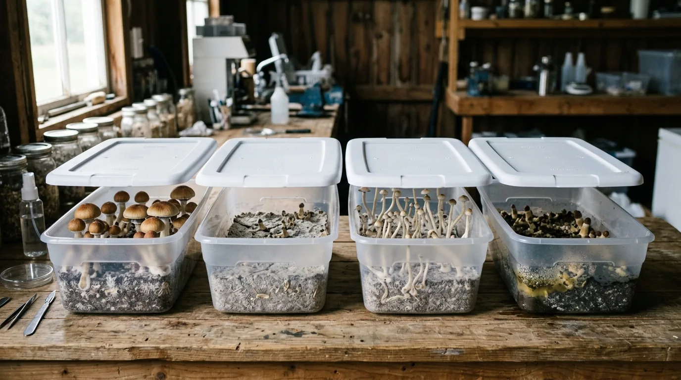 Several fruiting containers arranged for symptom comparison and troubleshooting.