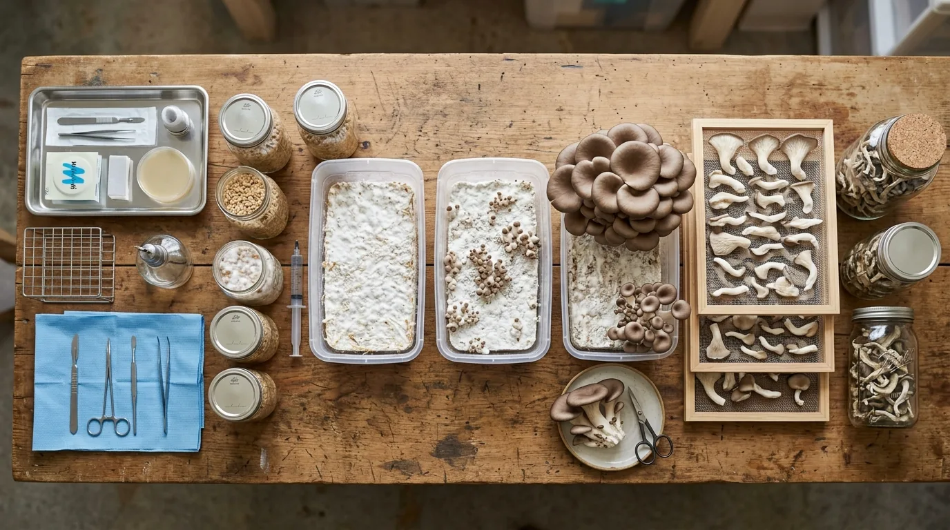 Overhead cultivation timeline with supplies, trays, mushrooms, and process stages arranged together.