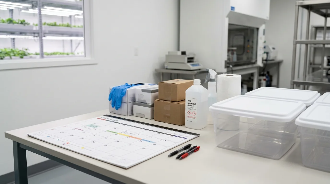 Clean planning desk with cultivation supplies, notes, containers, and safety gear arranged neatly.
