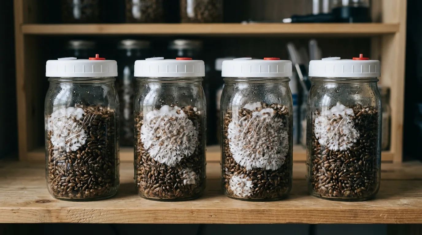 Grain jars showing early white mycelium growth on a clean shelf.