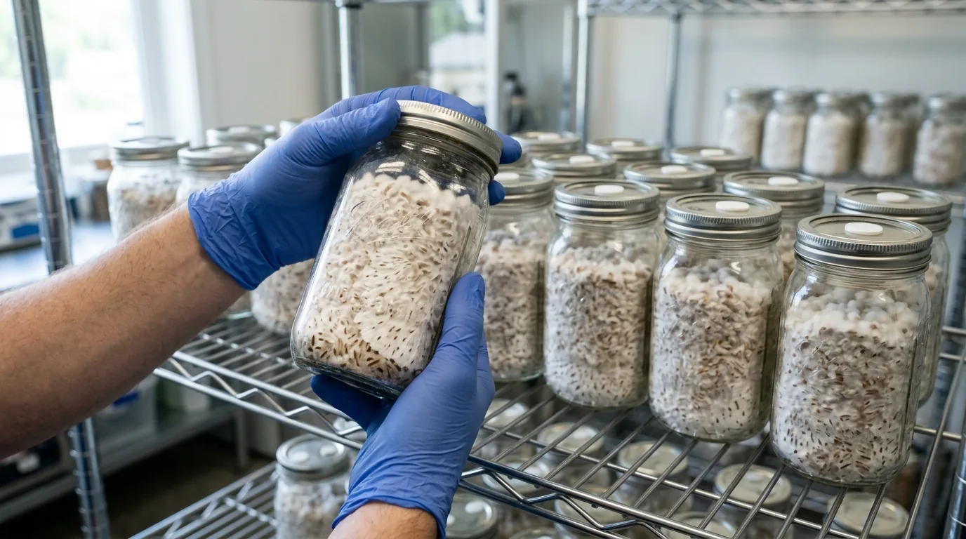 Gloved hand inspecting a mostly colonized grain jar among other jars.