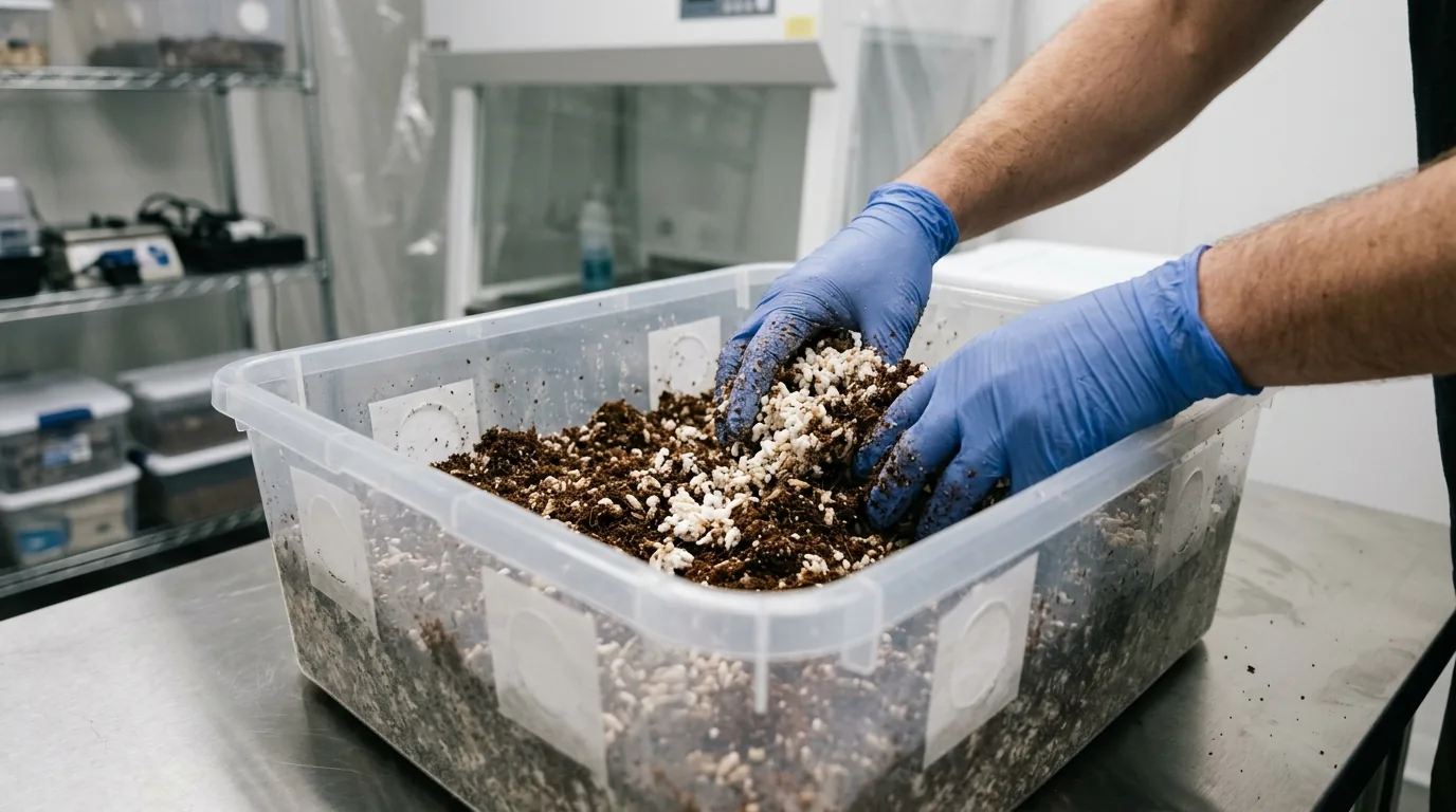 Gloved hands mixing colonized grain into bulk substrate inside a clean tub.