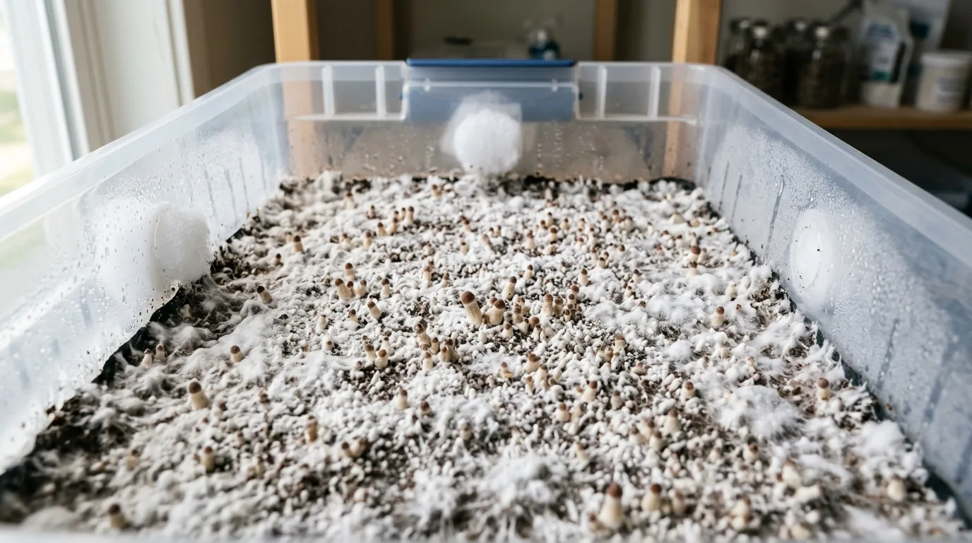 Hydrated colonized tub surface with early pinning texture visible.