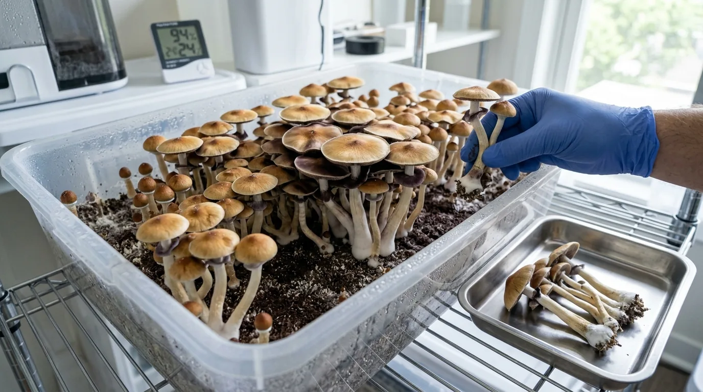 Gloved hand harvesting a mature flush of mushrooms from a fruiting tub.