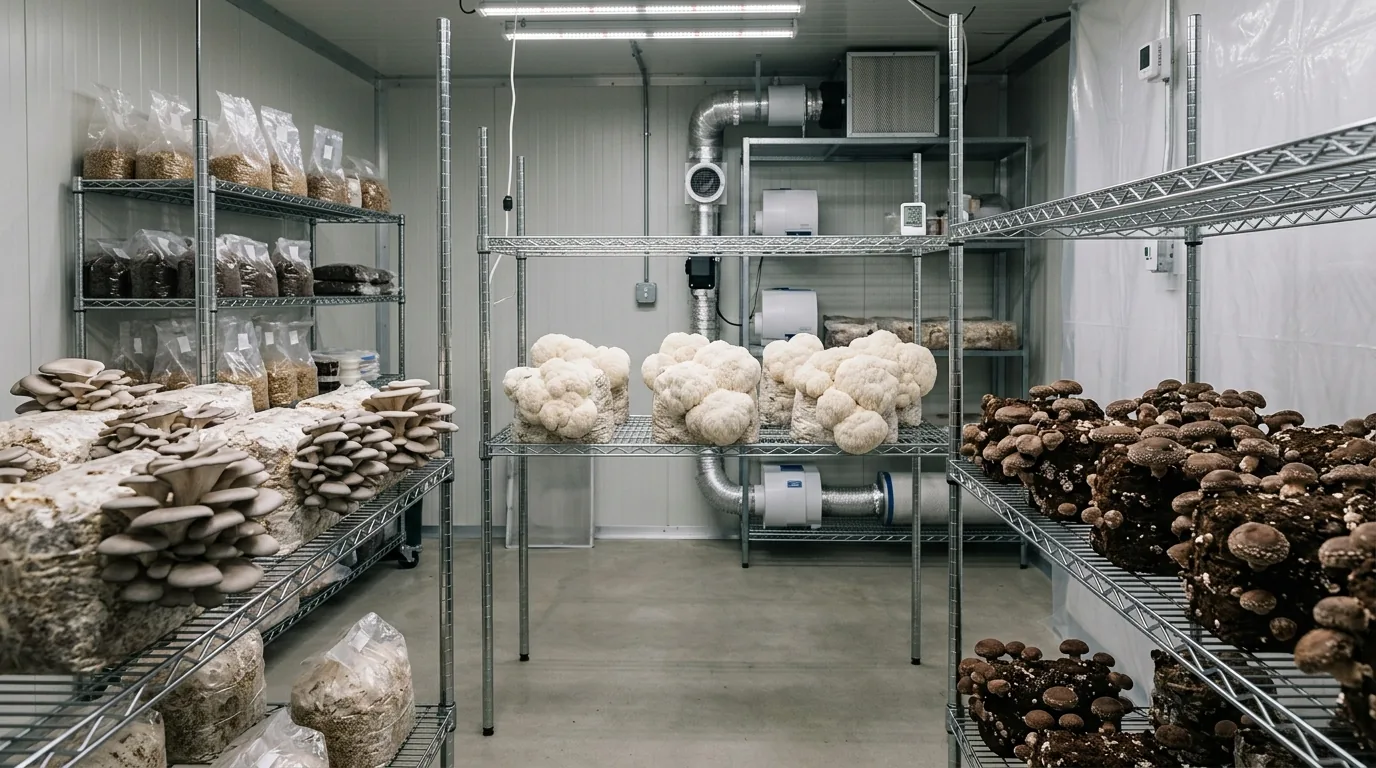 Complete cultivation workspace with grow shelves, fruiting blocks, and process materials.
