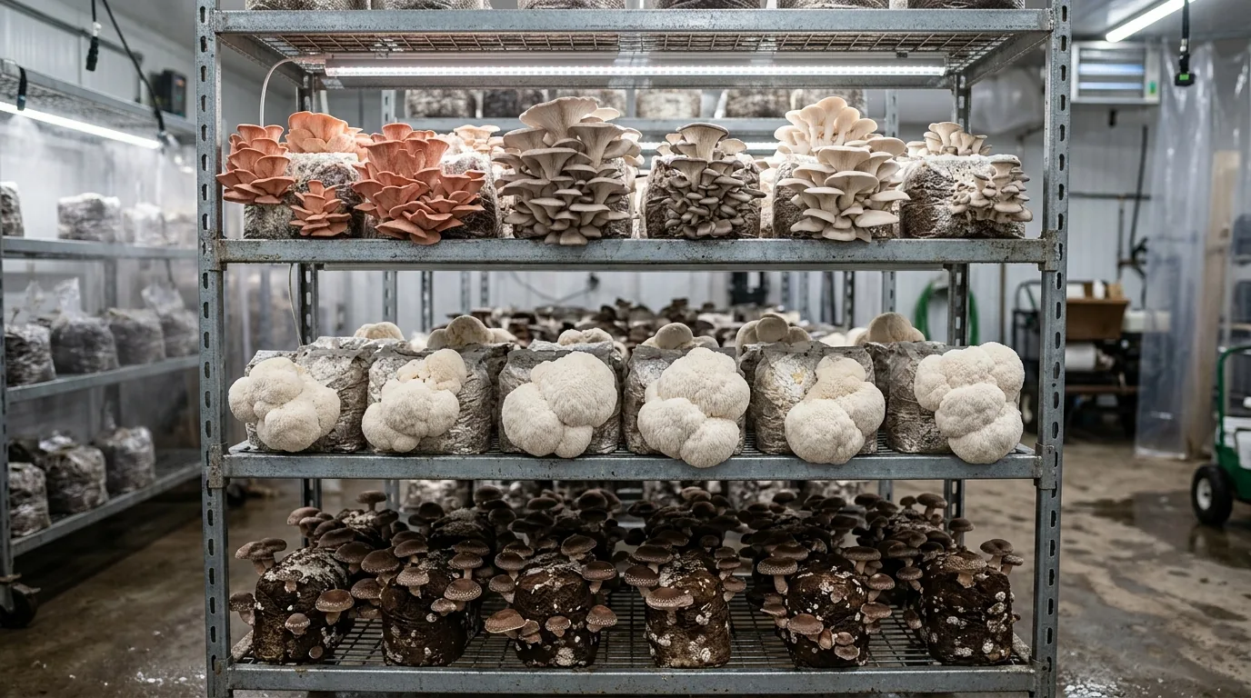 Organized gourmet mushroom growing room with multiple edible species blocks on shelves.