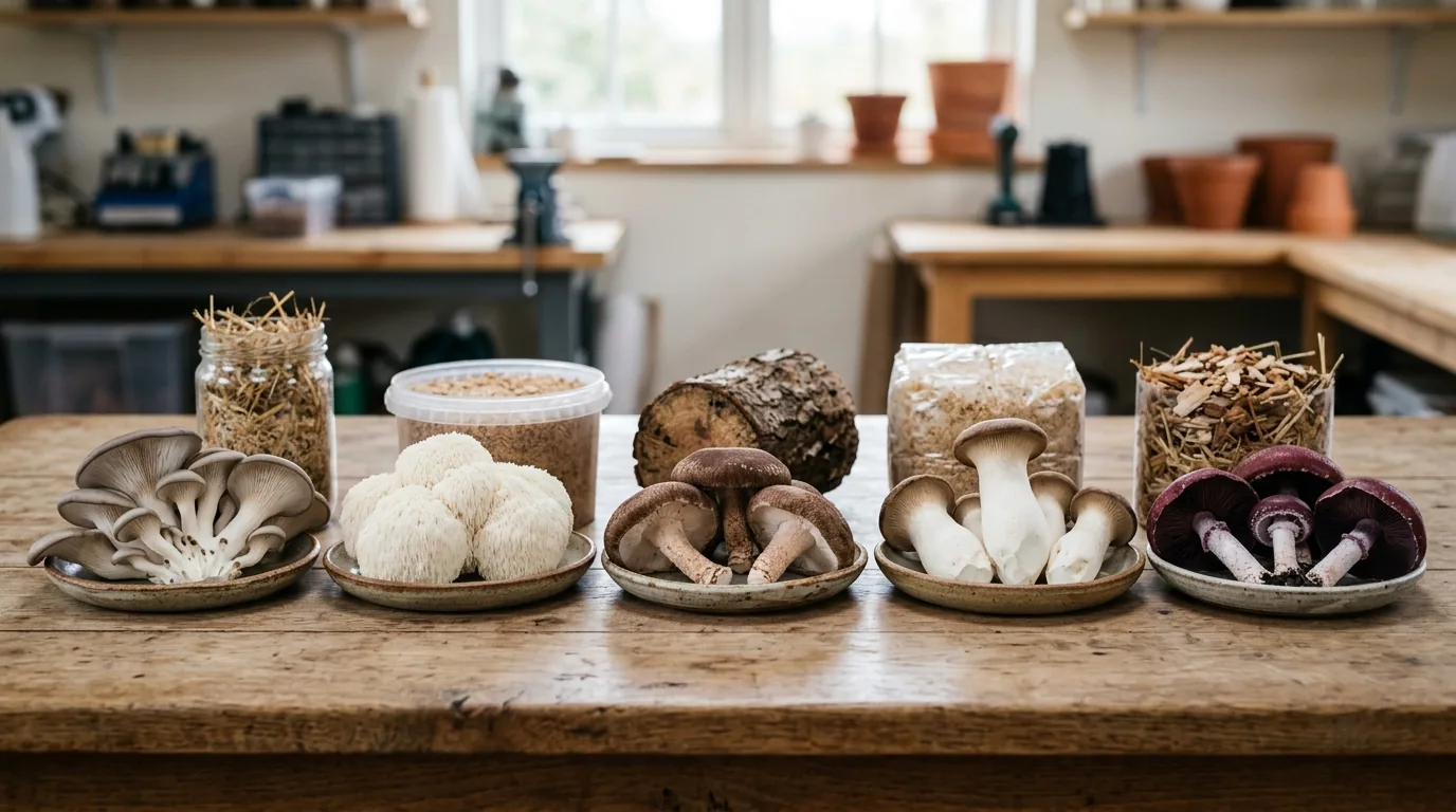 Legal gourmet cultivation workspace with edible mushroom blocks and clean equipment.