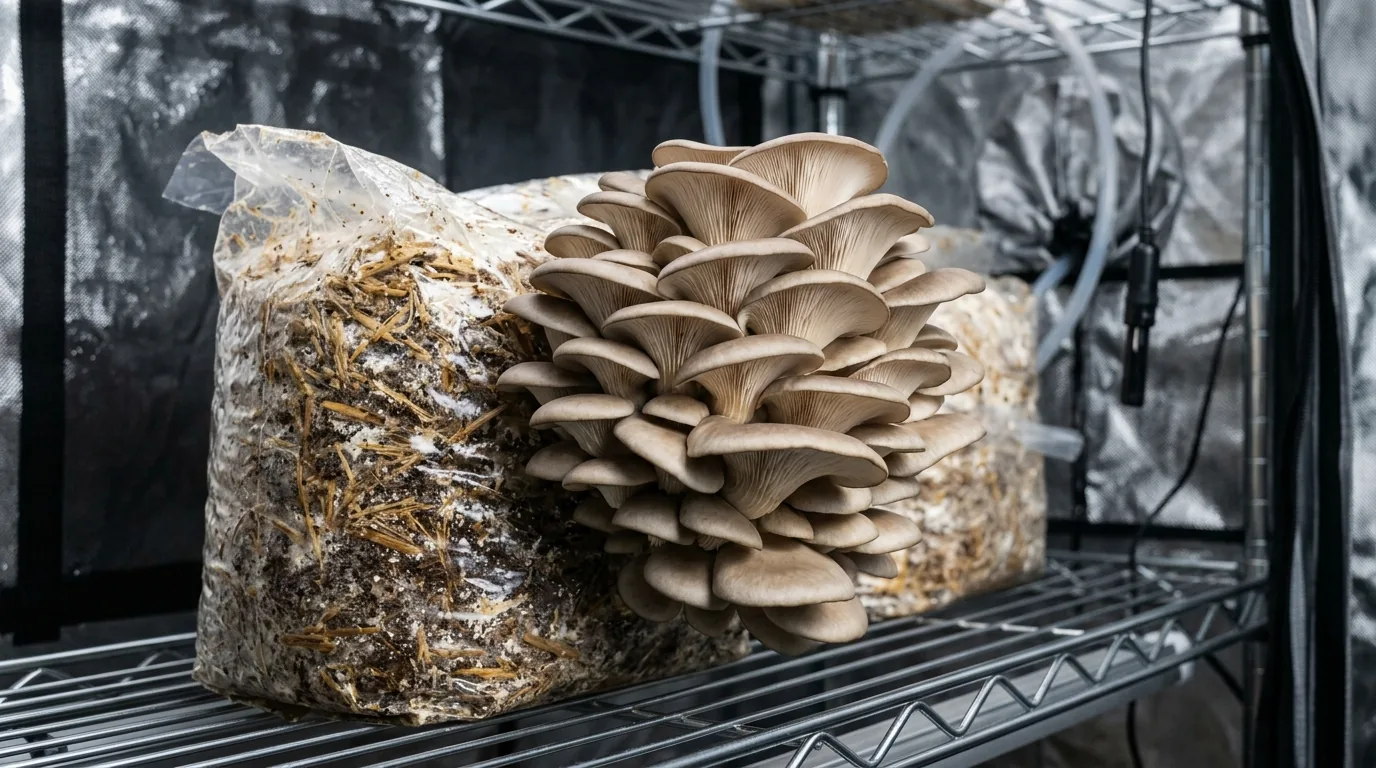 Fresh gourmet mushrooms and cultivation blocks arranged on a clean table.