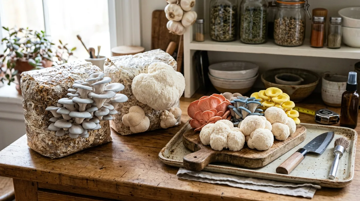 Several gourmet mushroom species and substrate blocks arranged side by side.