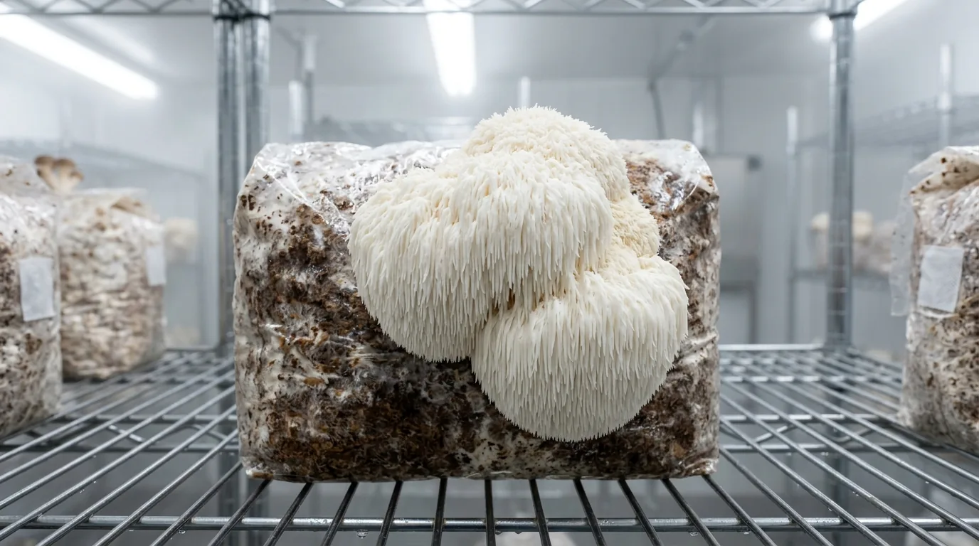White lion?s mane mushroom fruiting from a hardwood block in a clean chamber.