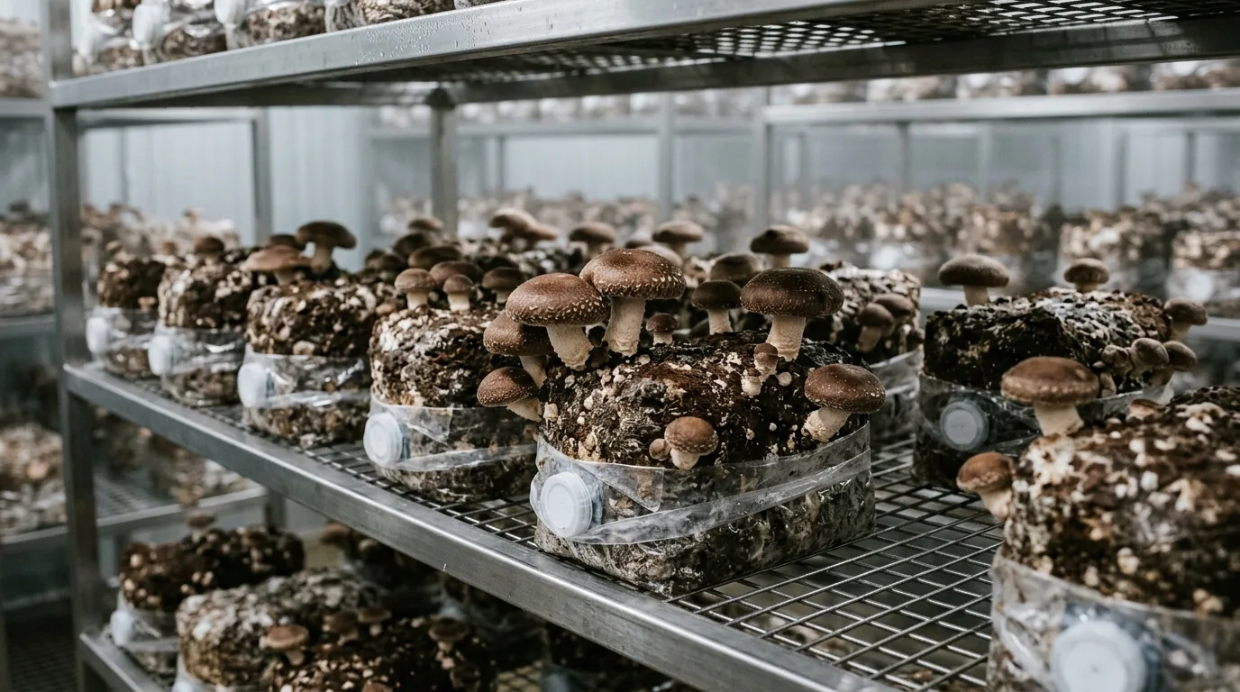 Brown shiitake-style mushrooms fruiting from dense blocks in a clean growing room.