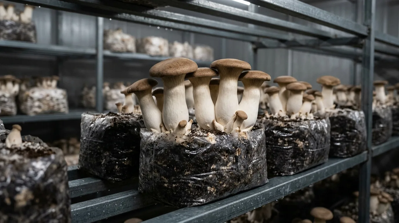 Thick-stemmed king oyster mushrooms growing from a substrate block on a shelf.