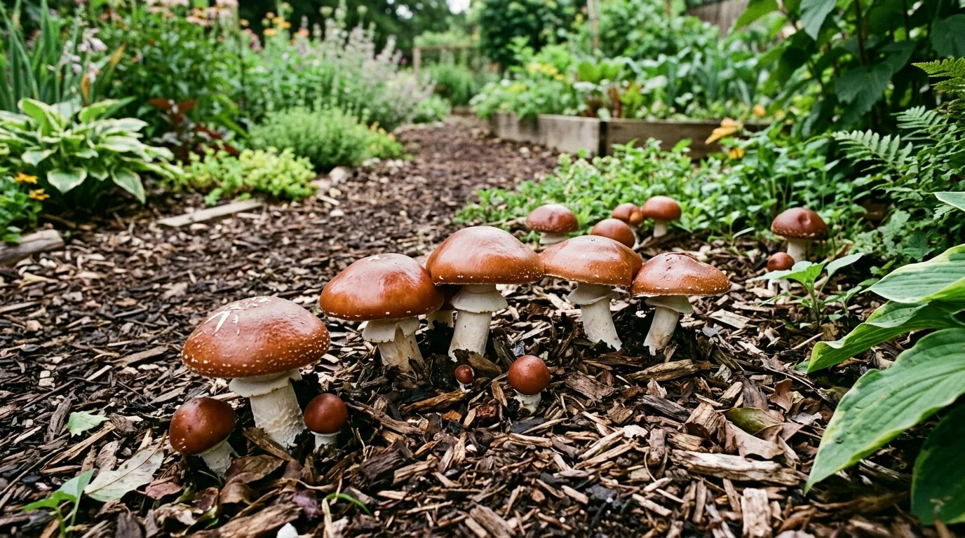 Wine cap mushrooms growing from an outdoor wood-chip garden bed.