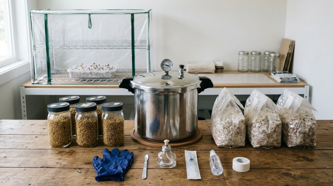 Shared cultivation equipment including jars, substrate bags, tools, and a small chamber.