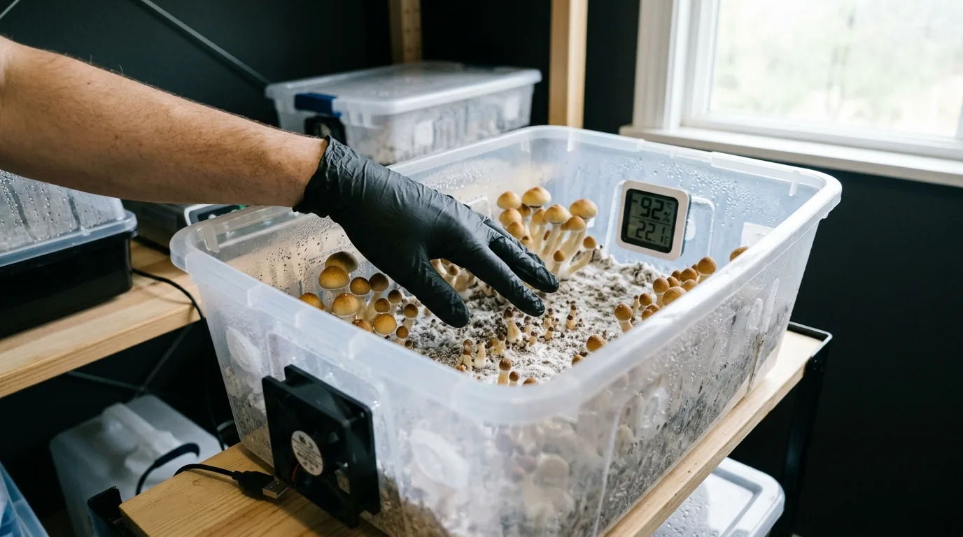 Gloved hand checking a clean fruiting tub with a visible humidity monitor.