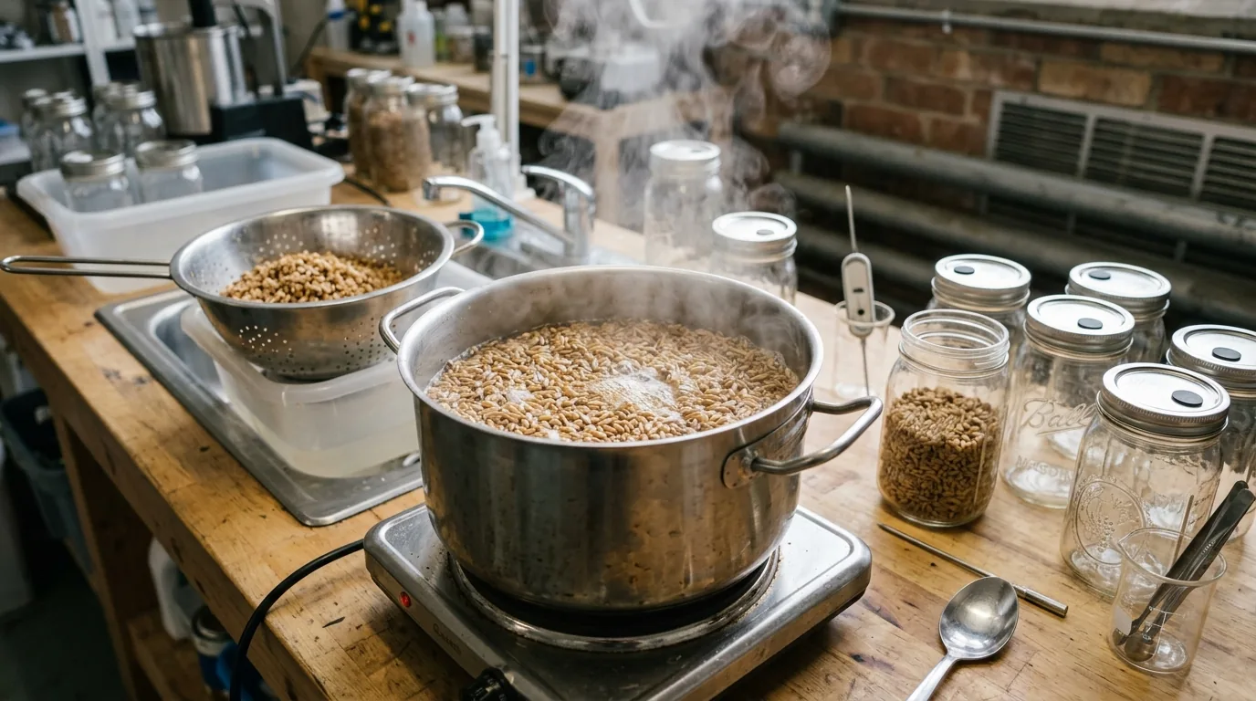 Whole grain simmering in a pot with jars and clean prep tools nearby.