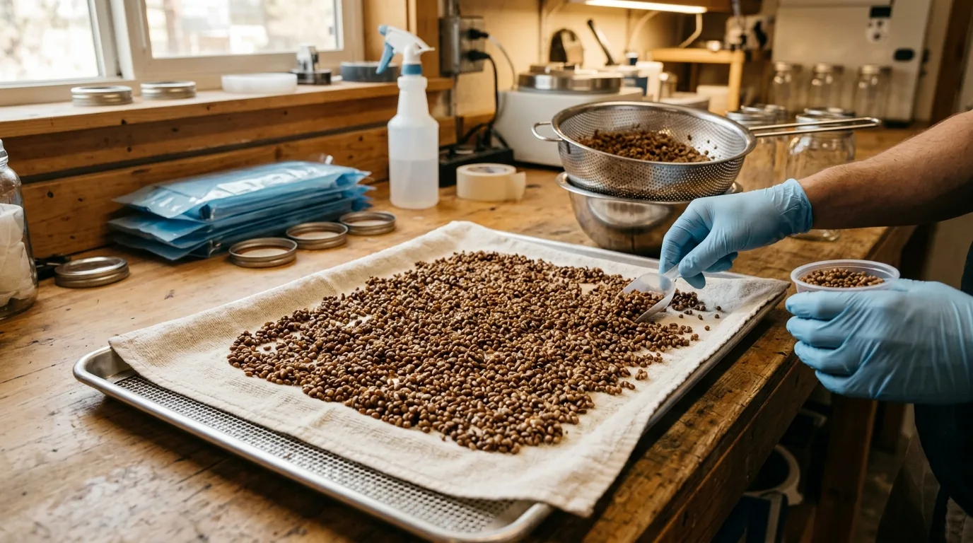 Hydrated grain spread on a tray so surface moisture can evaporate before loading jars.