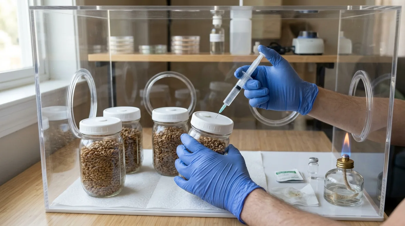 Prepared grain being loaded into clean mason jars with modified lids nearby.
