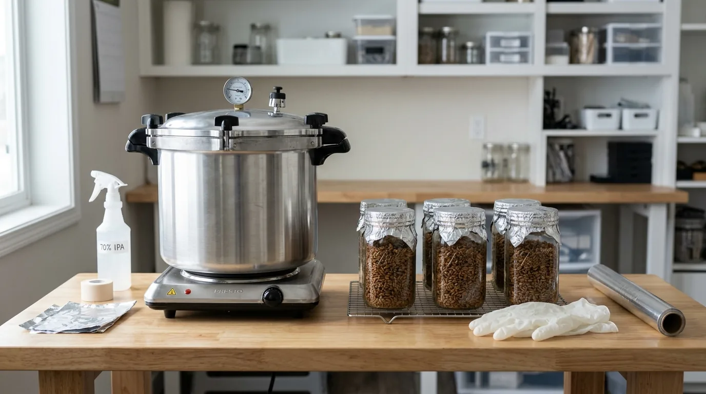 Pressure cooker and prepared grain jars arranged for sterilization.