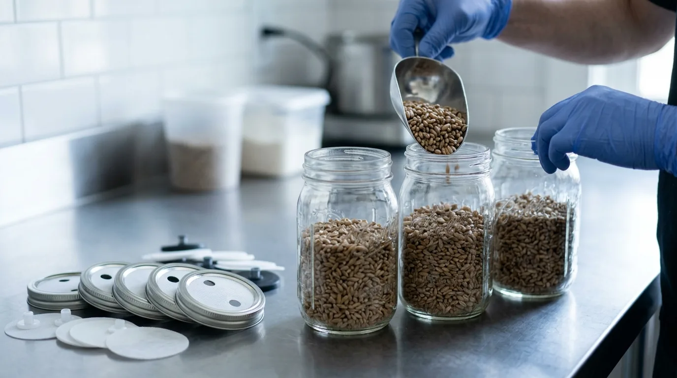 Gloved hands preparing grain jars and syringe supplies for clean inoculation.