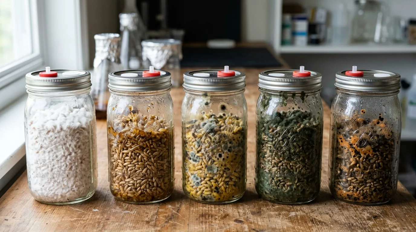 Row of grain jars at different colonization stages from bare grain to white mycelium.