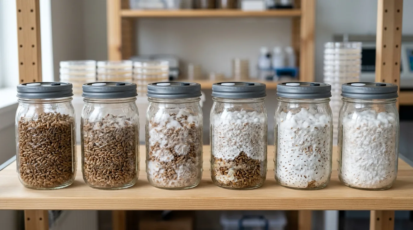 Grain jars showing different growth states for contamination inspection.