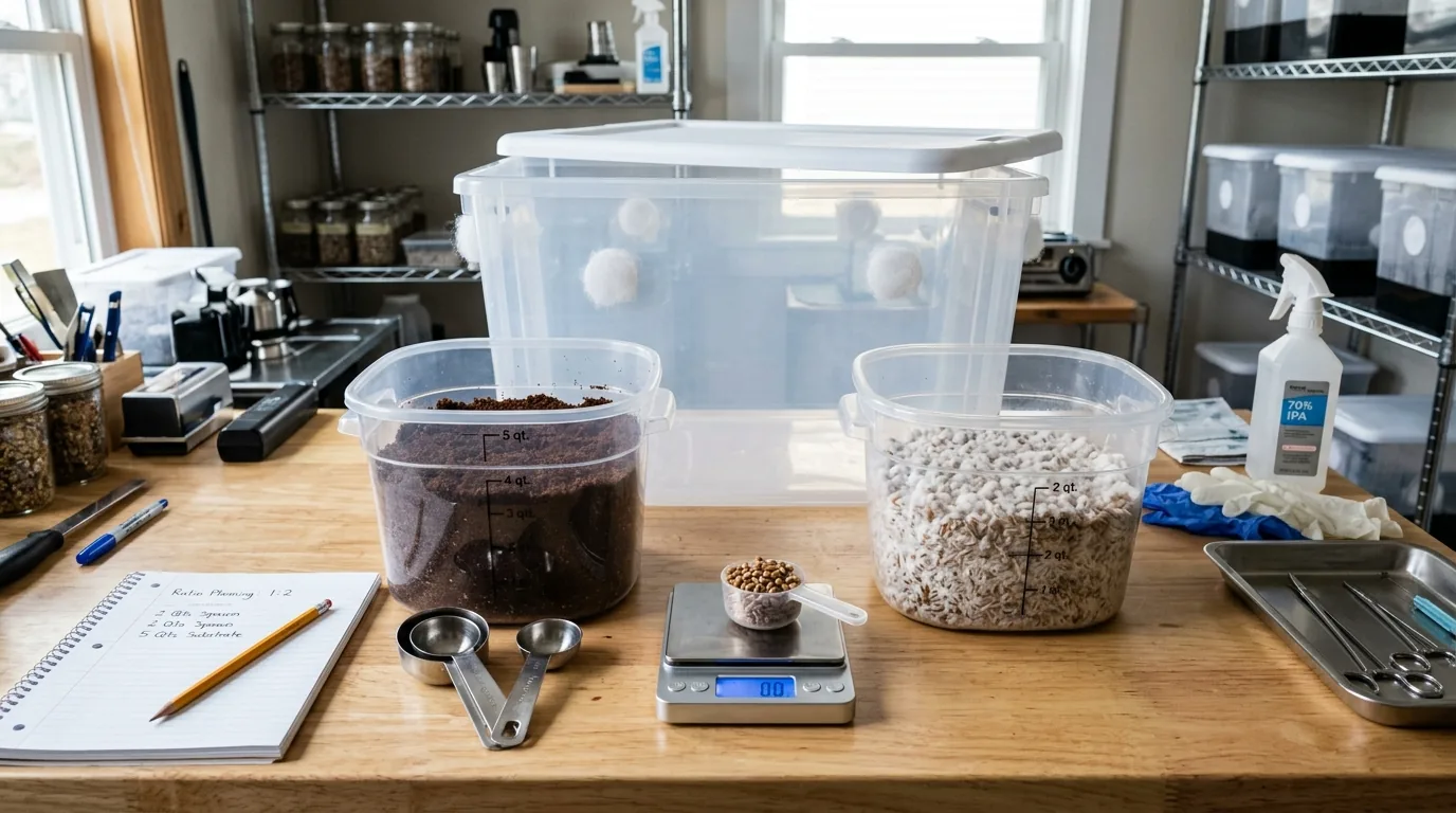 Bulk substrate tub, grain spawn, and measuring tools arranged for spawn-rate planning.
