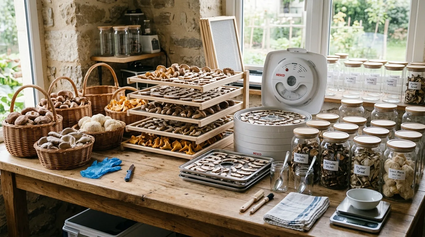 Harvest and drying workstation with trays, fan, jars, gloves, and drying supplies.