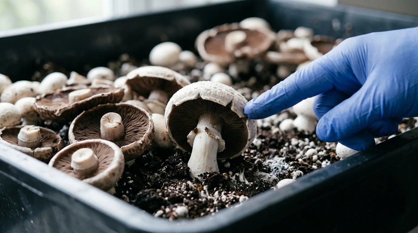Gloved hand checking mature mushrooms in a tub for harvest timing cues.