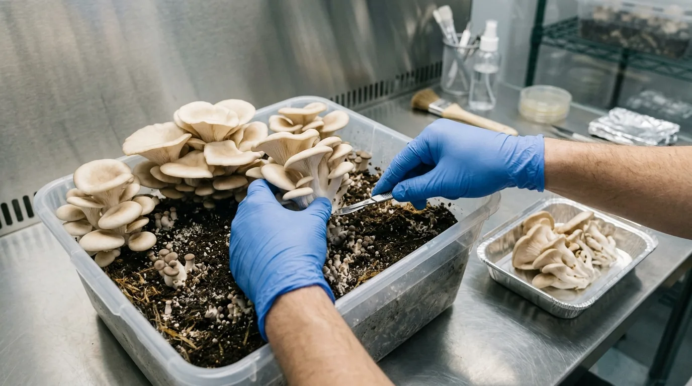 Gloved hands harvesting mushrooms from a fruiting tub beside a small tray.