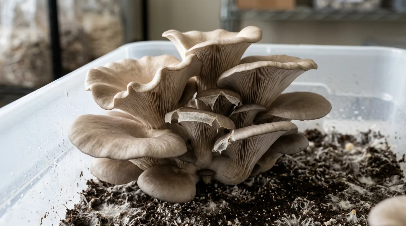 Close mushroom cluster in a fruiting tub showing cap and veil timing cues.