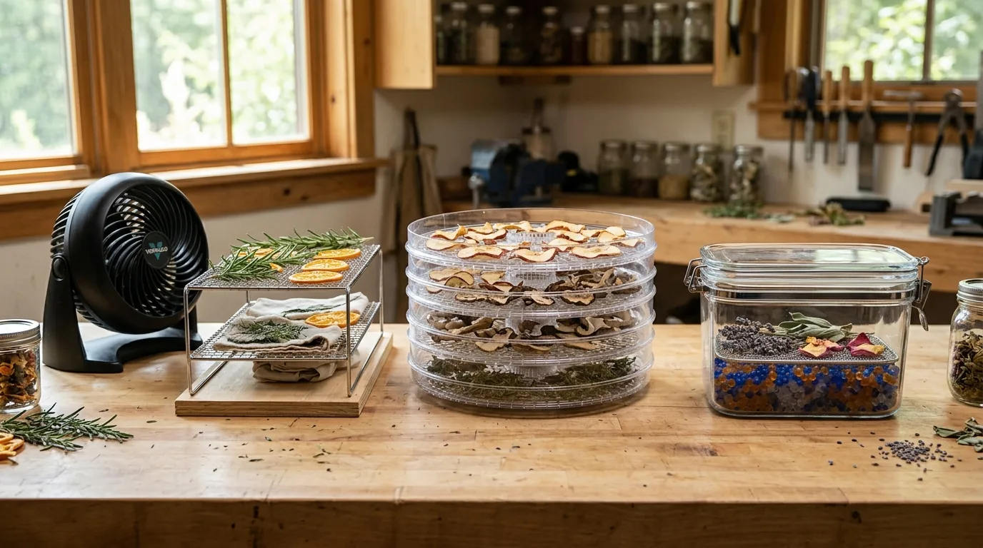 Fan, drying trays, jars, and desiccant supplies arranged on a clean table.