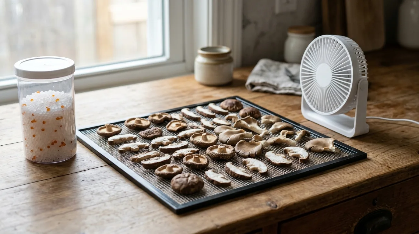 Mushrooms drying on a tray with a small fan nearby.