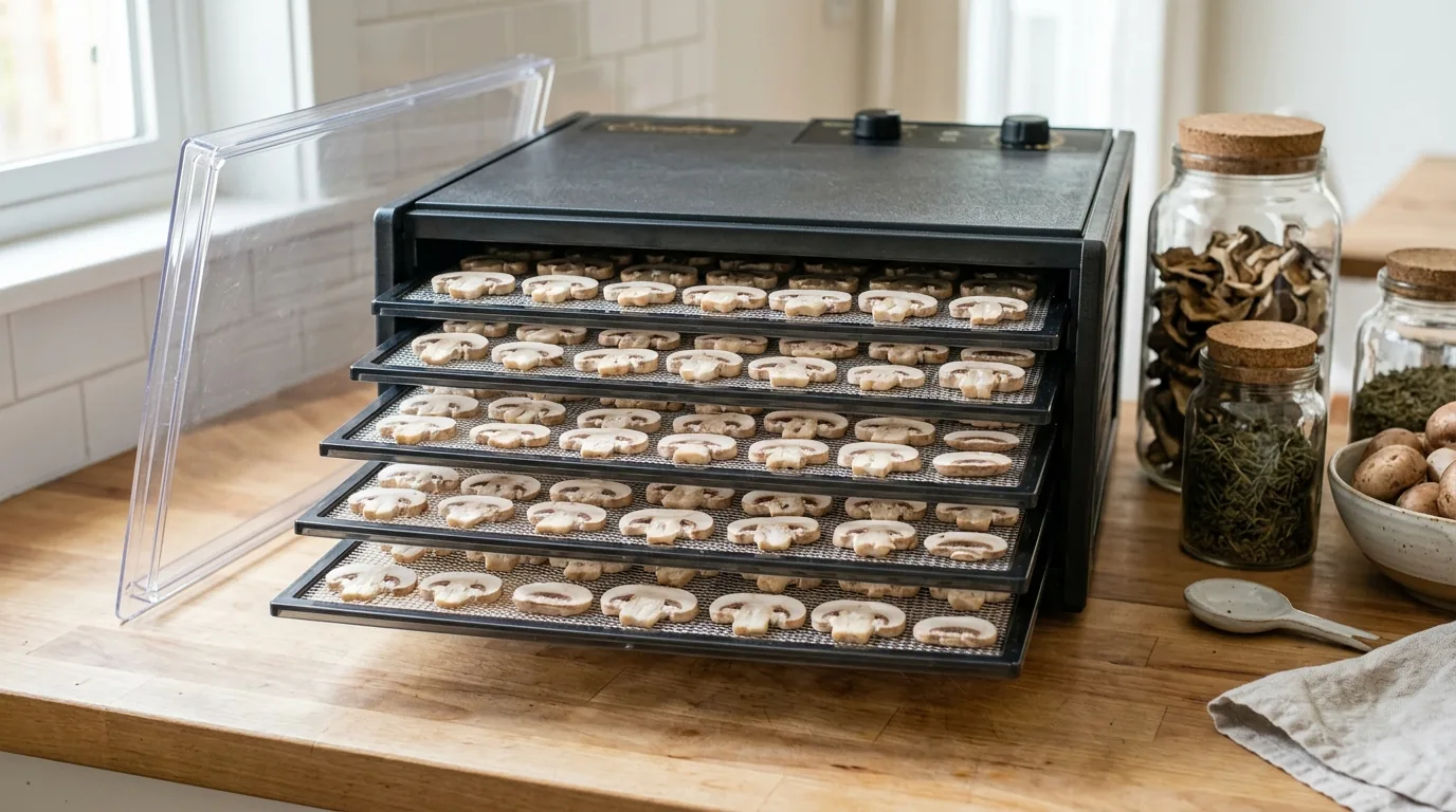 Food dehydrator trays filled with sliced or spaced mushrooms.