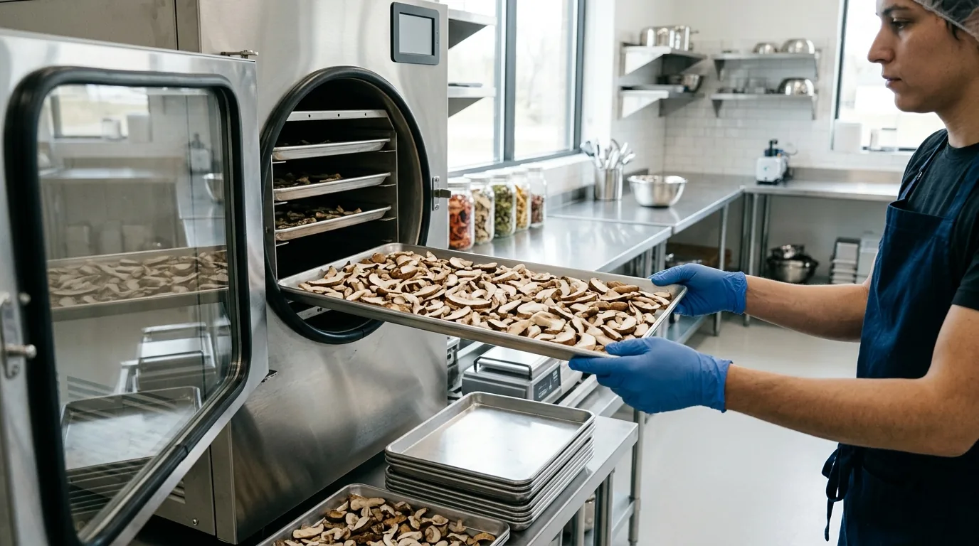 Tray of mushrooms being loaded into a freeze dryer.