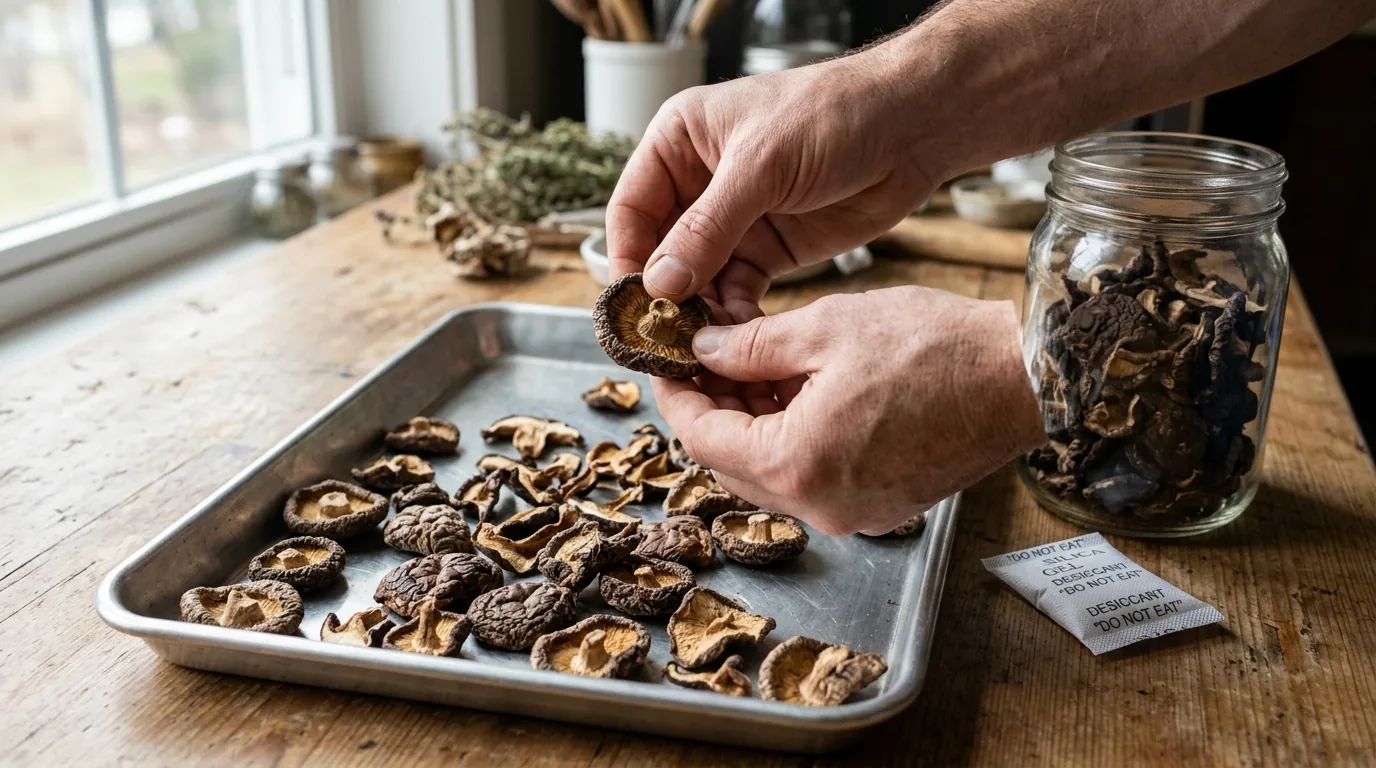 Hands checking dried mushrooms on a tray beside storage supplies.