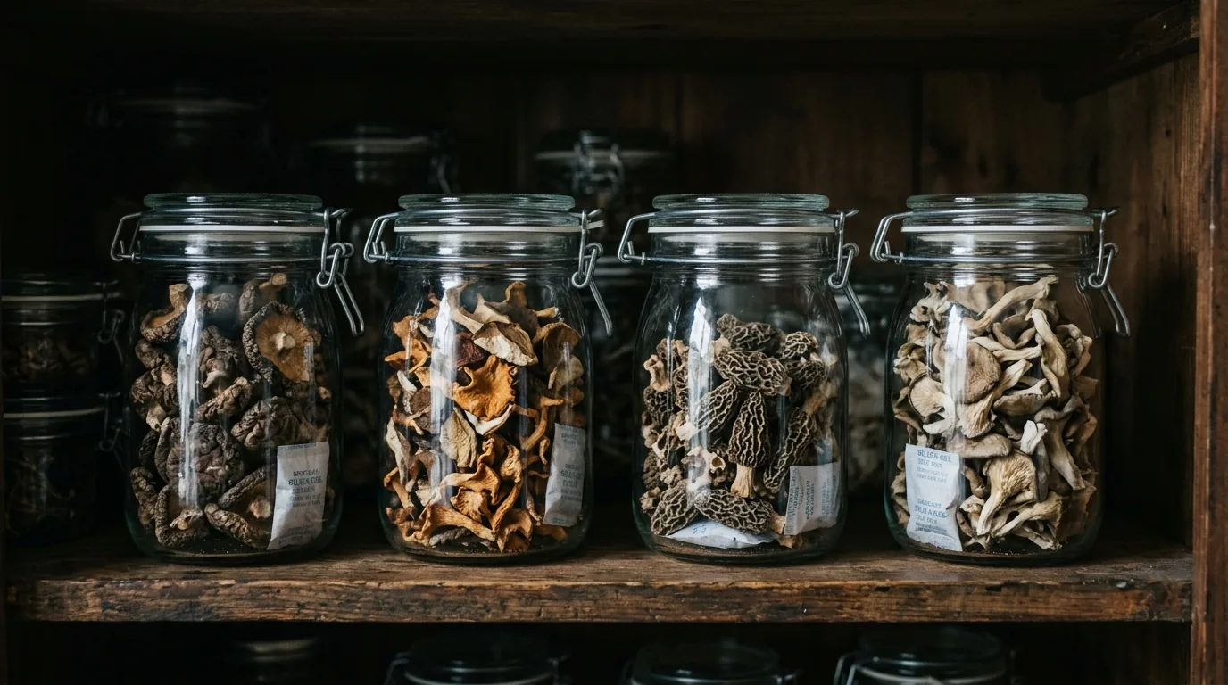 Dried mushrooms stored in airtight glass jars on a dark shelf.
