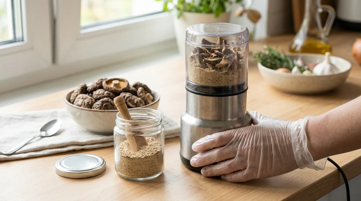 Dried mushrooms being ground into powder with a clean grinder and jar nearby.