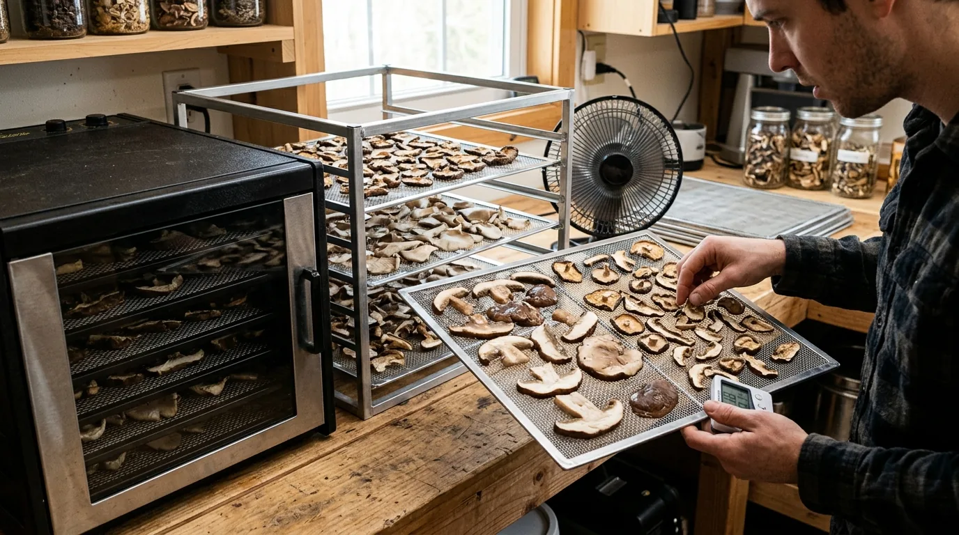 Drying trays and fan setup being adjusted on a workbench.
