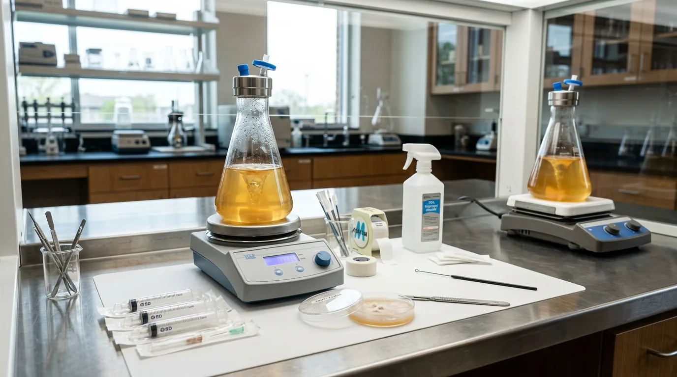 Liquid culture workspace with magnetic stir plates, jars, and sterile tools.