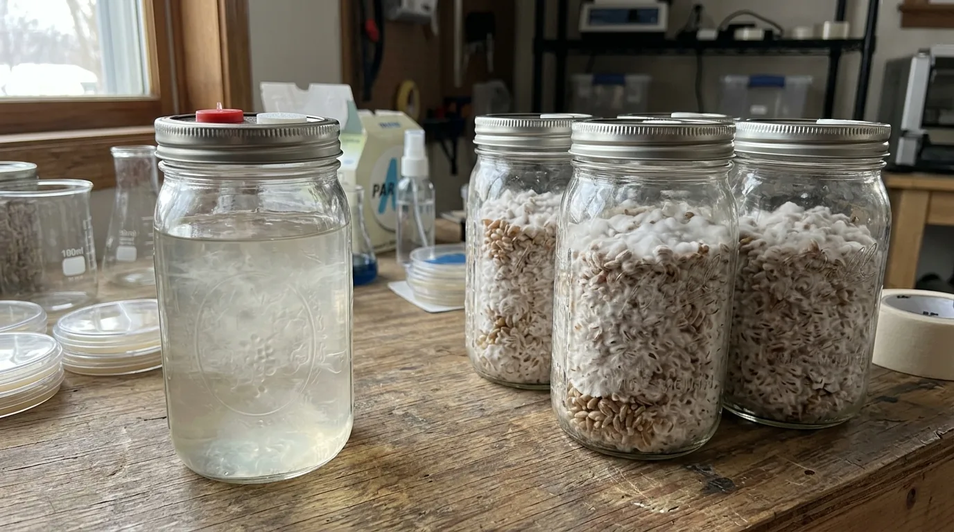 Clear liquid culture jar beside colonized grain jars in a clean workspace.