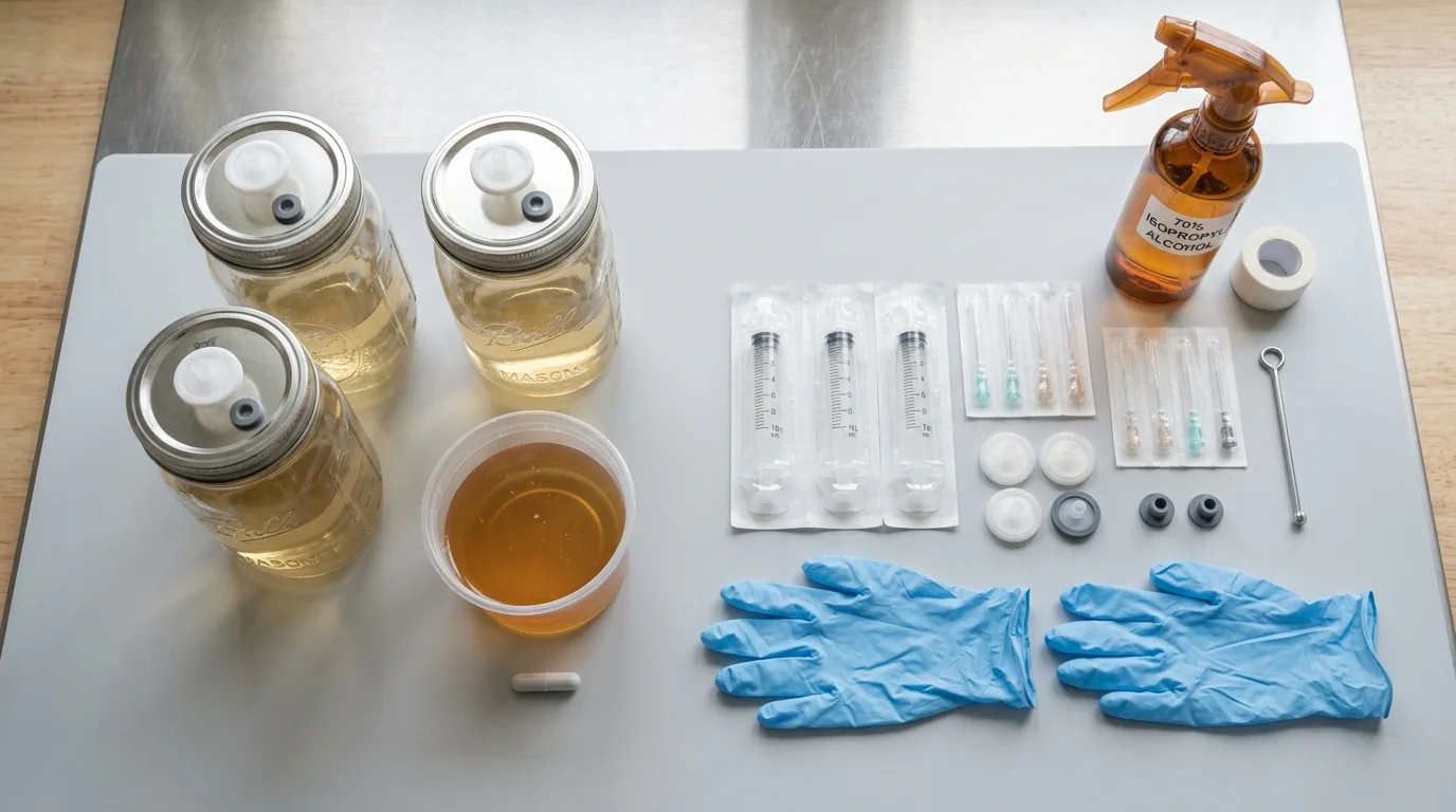 Liquid culture supplies including jars, syringes, gloves, and sterile tools arranged neatly.