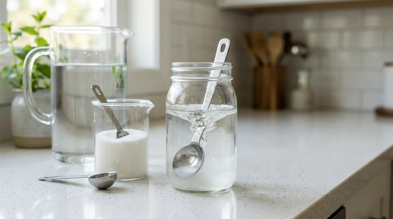 Nutrient solution being mixed in a clear jar with measuring tools nearby.