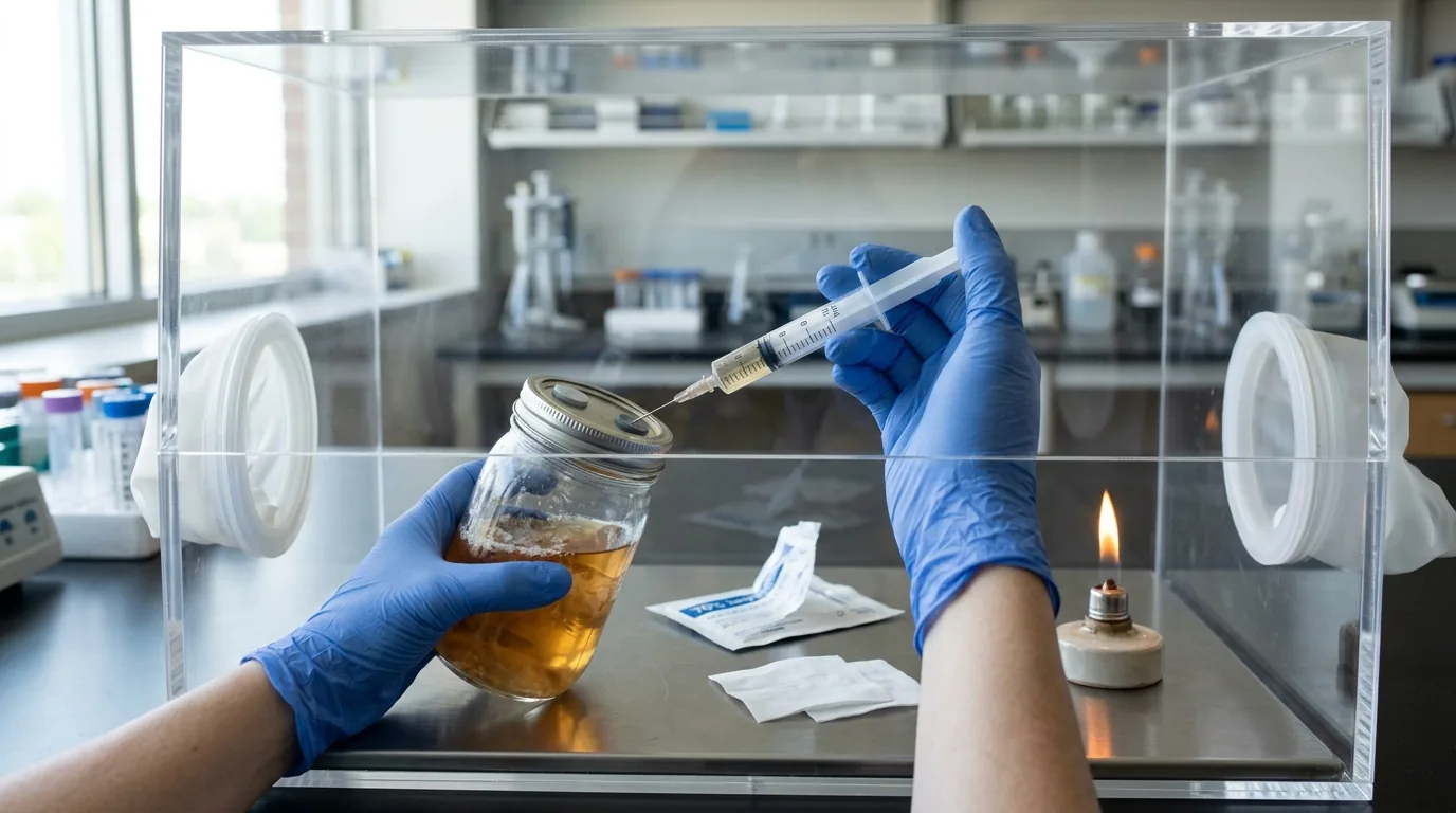 Gloved hands inoculating a liquid culture jar in a still air box.
