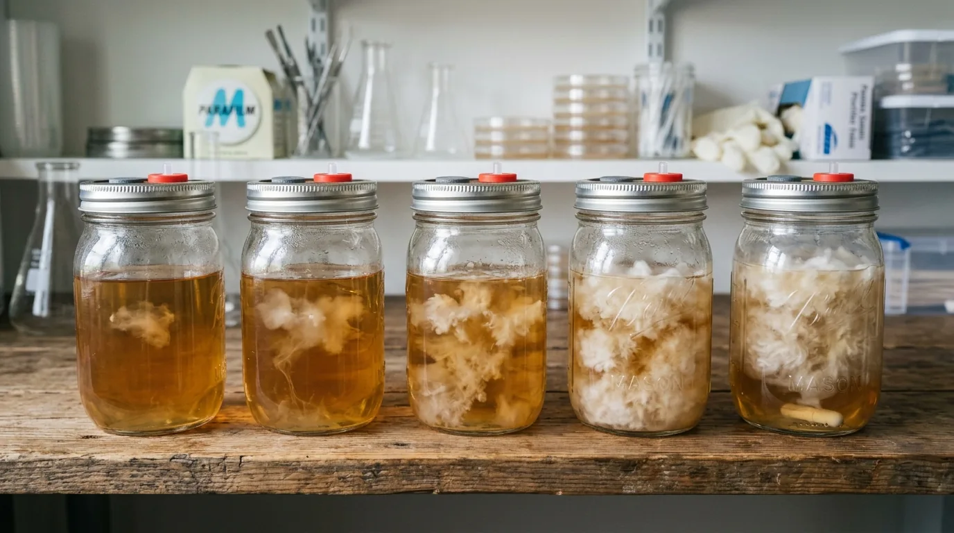 Liquid culture jars at different growth stages on a clean shelf.