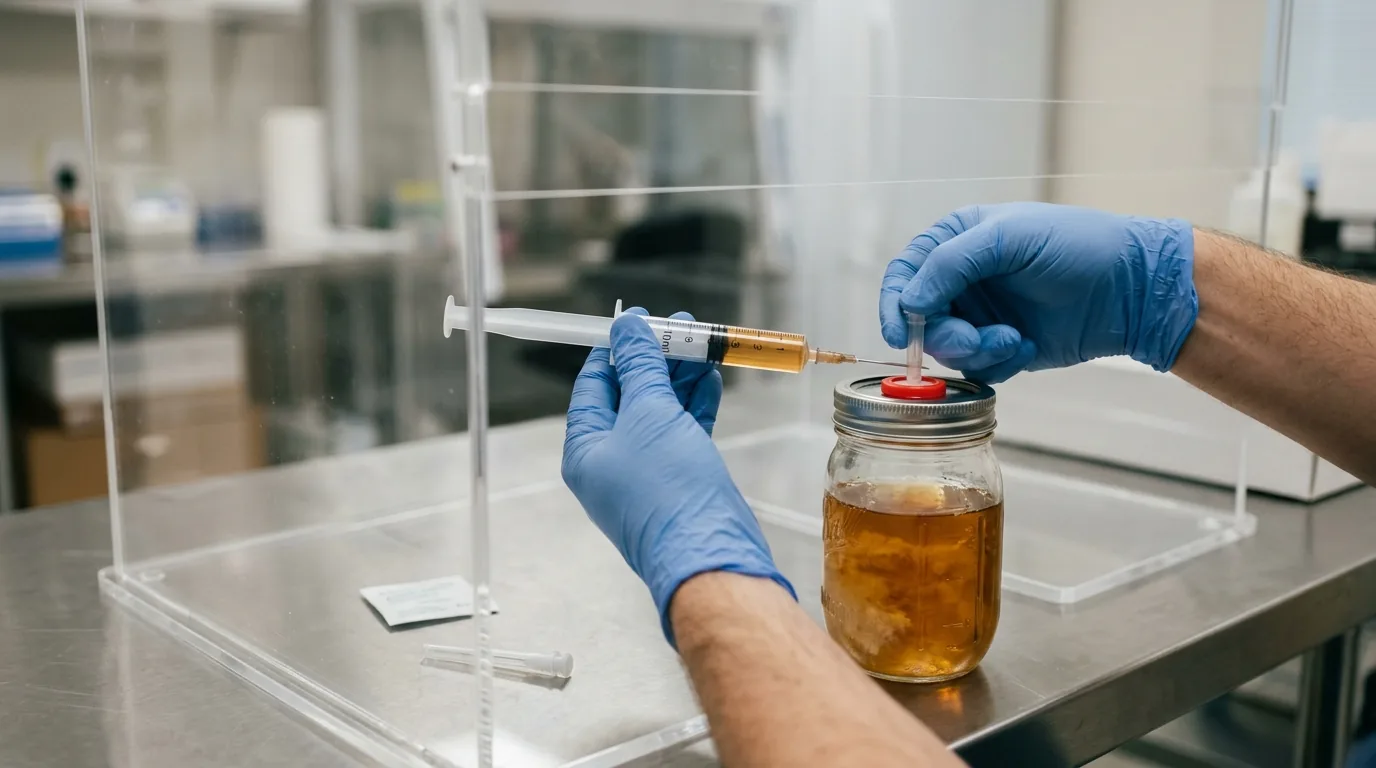 Gloved hand drawing liquid culture into a sterile syringe from a jar.