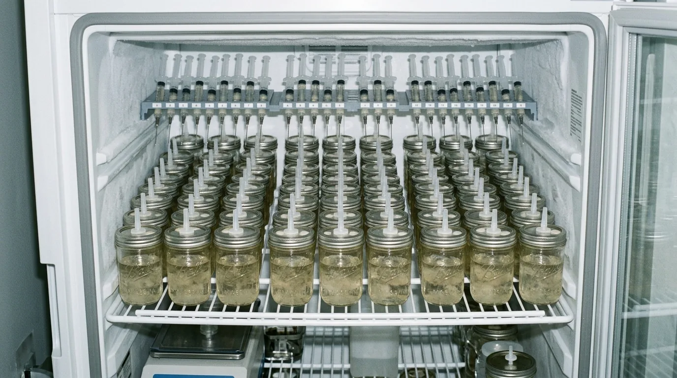 Rows of culture jars stored neatly inside a refrigerator-style cabinet.