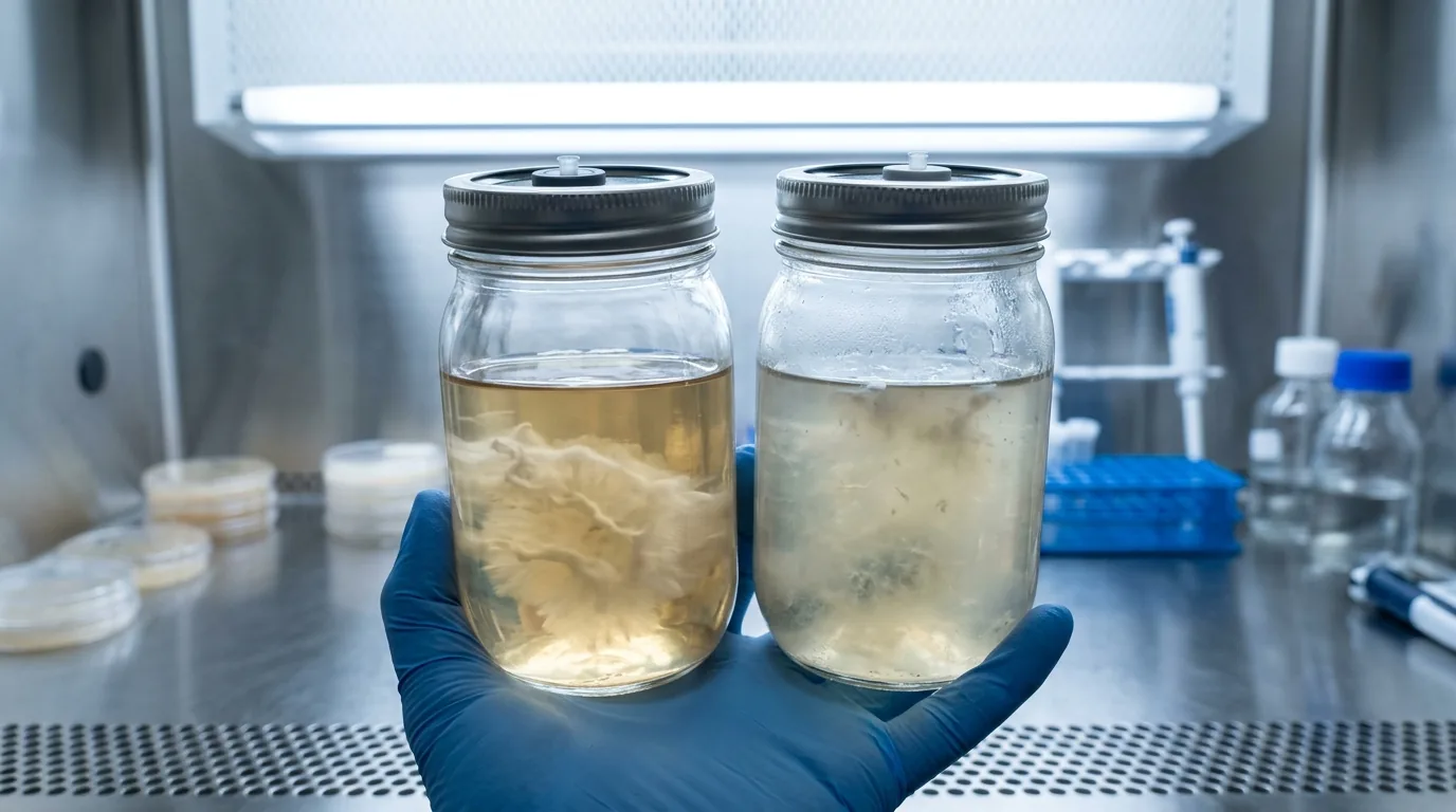 Two liquid culture jars being compared for clarity and cloudiness.