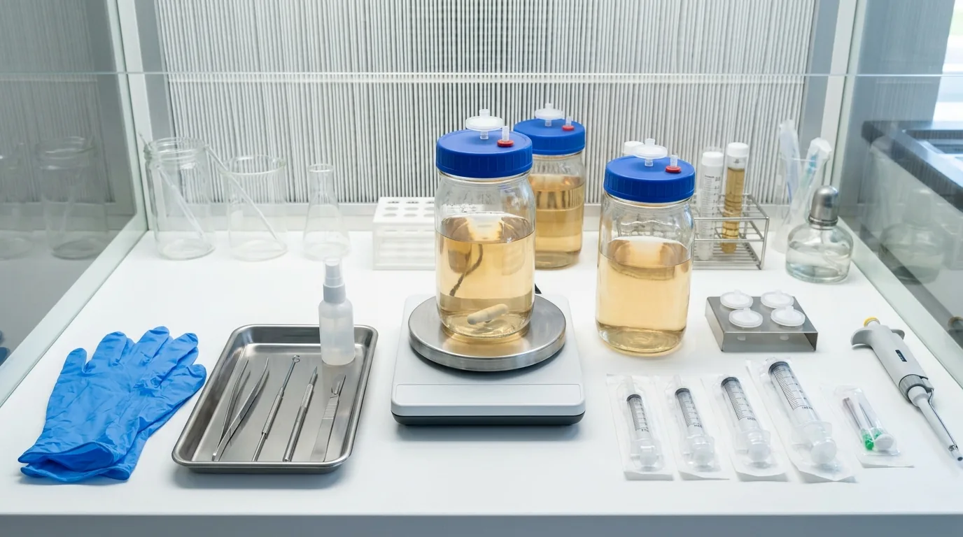 Advanced liquid culture tools arranged in a clean sterile workspace.