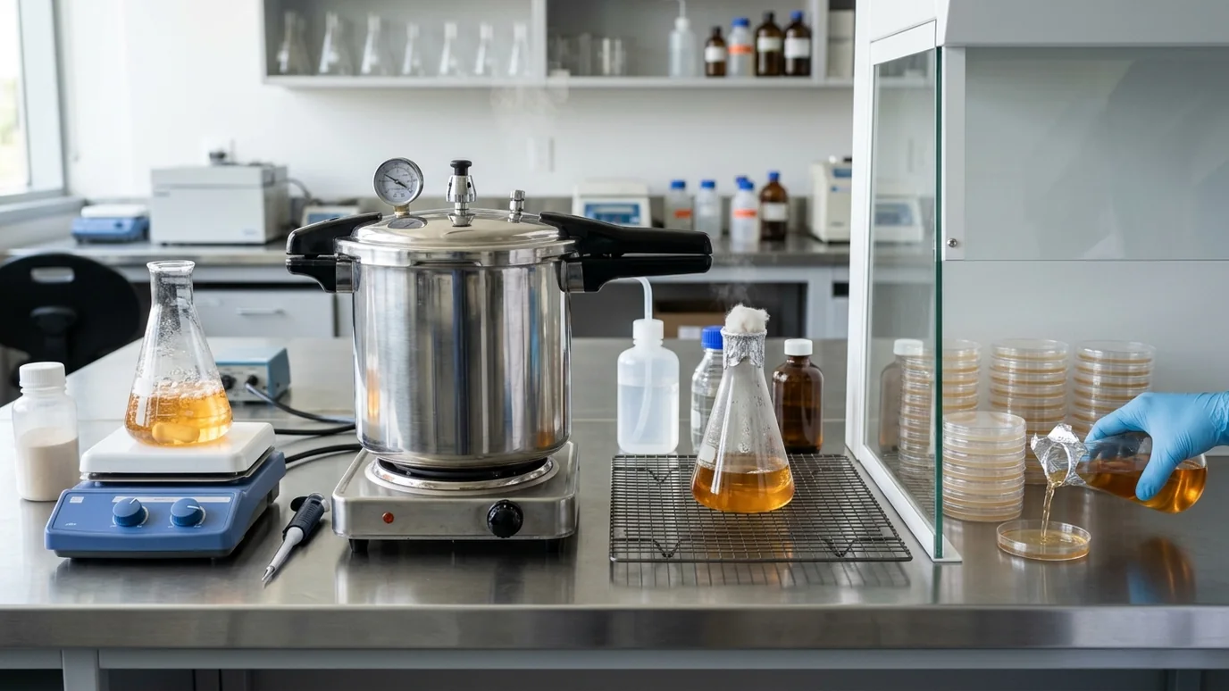 Liquid culture inoculation and storage workspace with jars, sterile tools, and clean bench supplies.